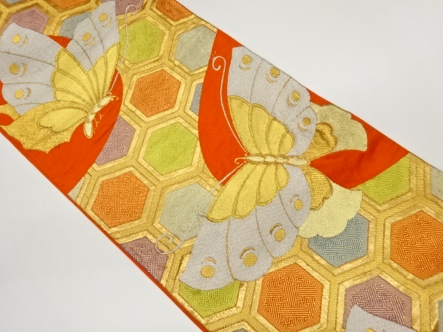 紗綾形亀甲に蝶模様織出し袋帯